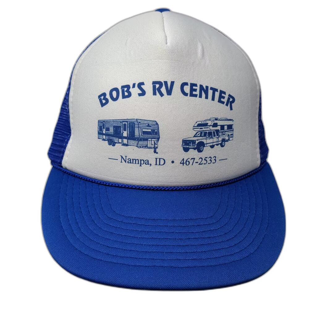 Cameo Trucker Hat Blue White OS Bob's RV Center Nampa ID Snapback Mesh Foam